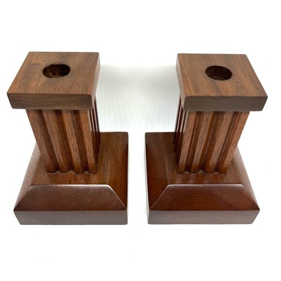 Vintage MCM Paired Wooden CandleStick Holders Square Clean Lines - Picture 2 of 10